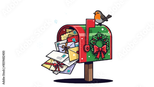 Festive mailbox overflowing with letters, adorned with holiday decorations and a cute bird. A whimsical illustration capturing the spirit of correspondence and celebration