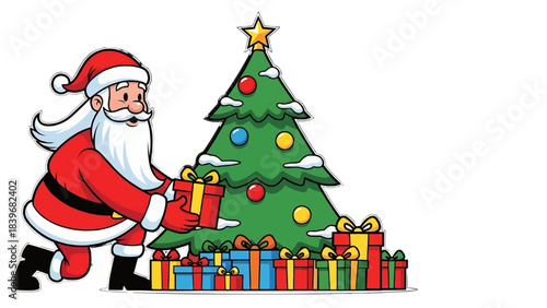 Santa Claus is depicted joyfully presenting gifts beside a decorated Christmas tree