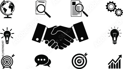 Business icons with globe handshake and lightbulb on transparent background silhouette