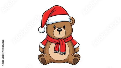 A cute cartoon bear wearing a Santa hat and scarf, perfect for the holiday season