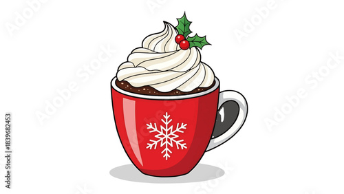 A festive mug of hot chocolate topped with whipped cream and a sprig of holly