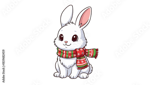 A cute white bunny wearing a colorful scarf, ready for the winter season