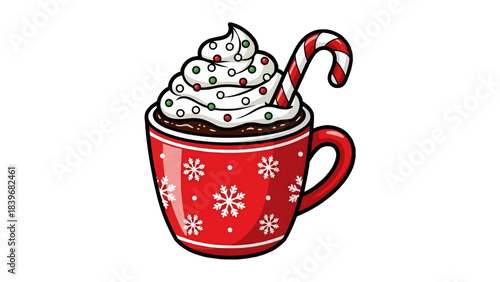 A festive mug of hot chocolate topped with whipped cream and a candy cane