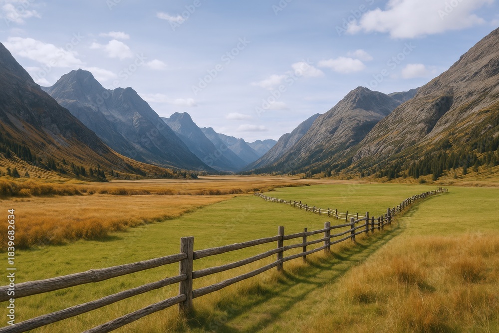 Fototapeta premium Scenic Mountain Valley Landscape with Wooden Fence, Meadows, and Distant Peaks on a Sunny Day