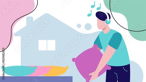 Modern Flat Illustration of a Man Organizing Home with Headphones
