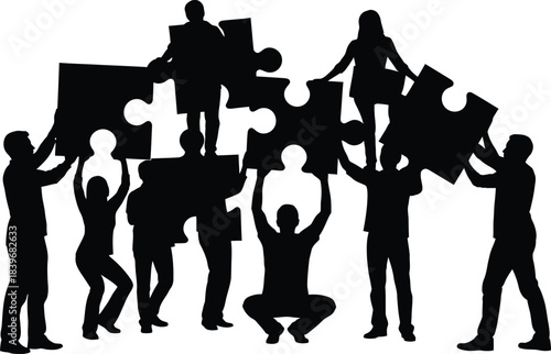 Teamwork concept with people lifting puzzle pieces a striking silhouette on transparent background