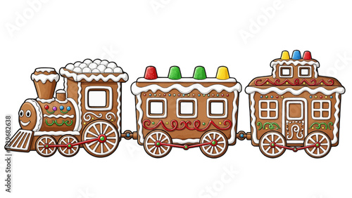 A delightful gingerbread train with colorful details, evoking festive cheer and sweetness