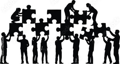 People fitting puzzle pieces together teamwork concept black silhouette on transparent background