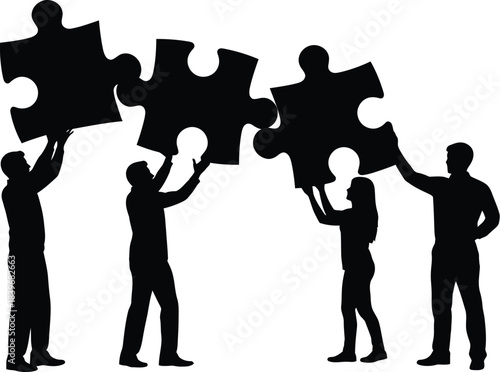 People connecting puzzle pieces together teamwork concept black silhouette on transparent background