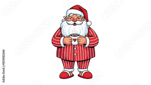 Santa Claus enjoying a warm beverage in festive attire, bringing holiday cheer and joy. He's smiling and holding a mug