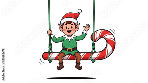 An elf joyfully swinging on a candy cane swing with a cheerful expression