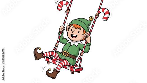 An elf swinging on a candy cane swing, enjoying the joy of the holiday. The elf is smiling and appears cheerful
