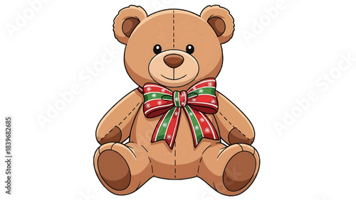 A Cute Teddy Bear With a Red Bow sitting happily, with an innocent look on its face. The bow enhances its beauty