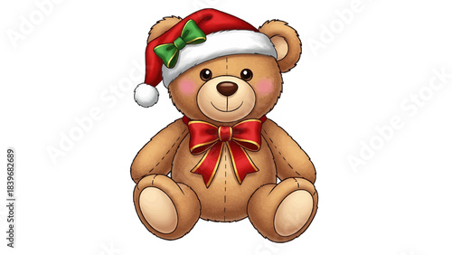 A charming teddy bear wearing a festive Santa hat and bow, perfect for the holiday season