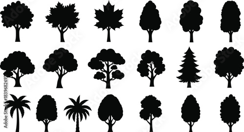 Collection of various tree silhouettes on transparent background