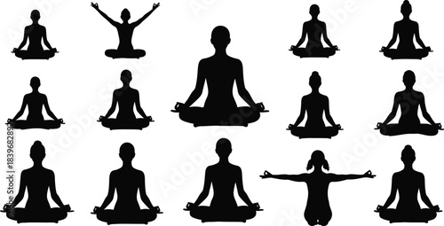 Collection of yoga poses and meditation figures on transparent background silhouette