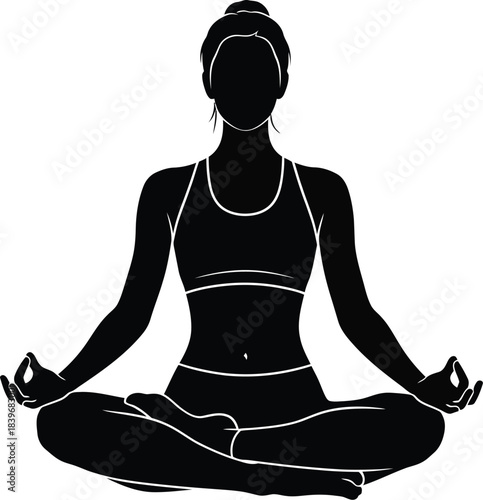 Woman meditating in lotus position a striking black silhouette on transparent background