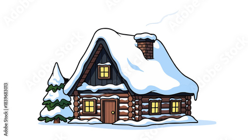 Cozy cabin covered in snow during winter, with a lit window and warm light leaking from the window