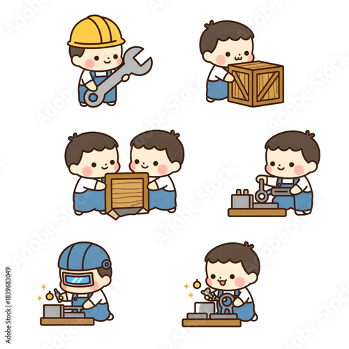 A charming set of chibi mechanic and engineering kid illustrations showing tool handling, machine repair, teamwork, and workshop tasks in a kawaii style