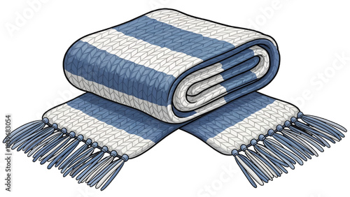 A folded striped blue and white scarf. The scarf features a fringe design on the ends, offering a comfortable and stylish appearance