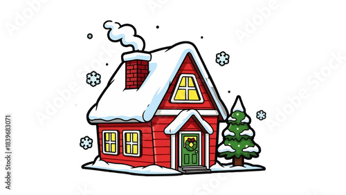 Cozy winter cabin in a snowy landscape. The red house is covered with snow, and smoke rises from the chimney, creating a warm, inviting atmosphere