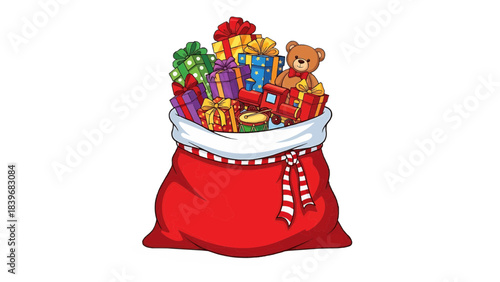 A vibrant illustration of a red gift bag overflowing with toys and presents, ready for giving