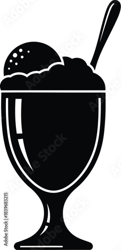 Black ice cream sundae in a glass simple design on transparent background silhouette