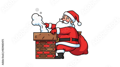 Santa Claus is climbing down the chimney. Dressed in his iconic red suit and hat, and a sack full of gifts is resting on the side. the chimney is made of brick and a few clouds are visible. 