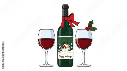 Festive Holiday Wine Bottles and Glasses with red wine