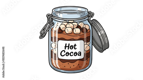 A jar of hot cocoa with marshmallows, ready for a cozy treat. It evokes a feeling of warmth, comfort, and sweet indulgence