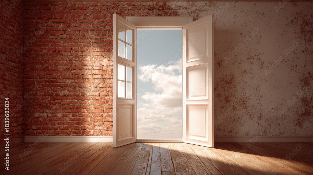 Fototapeta premium Open Doorway to Sky: Conceptual Image of Opportunity, Hope, and New Beginnings in Interior Space