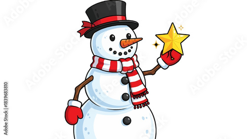 A whimsical snowman holding a golden star, ready for the winter season! The snowman is dressed in a scarf and a top hat, adding to the charm.