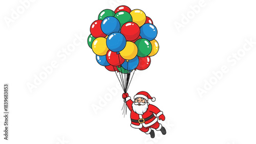 Santa Claus soars high through the sky, held aloft by a vibrant cluster of balloons. The scene is full of cheer and wonder, perfectly capturing the spirit of celebration. 