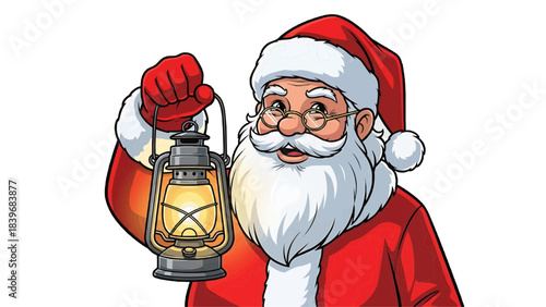 Santa Claus holding a glowing lantern, a symbol of warmth and joy. Dressed in his iconic red suit and hat, his eyes twinkle with merriment