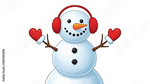 A happy snowman with carrot nose and red earmuffs