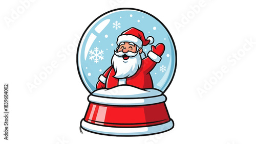 Santa Claus in a Snow Globe. A cartoon illustration of Santa Claus happily waving from inside a snow globe
