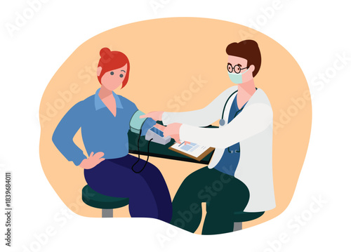 Woman checking her blood pressure to a male doctor. Simple flat illustration.