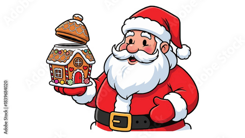 Santa Claus is holding a charming gingerbread house and appears joyful and festive. The intricate details of his attire and the house's decoration showcase the spirit of the holiday season