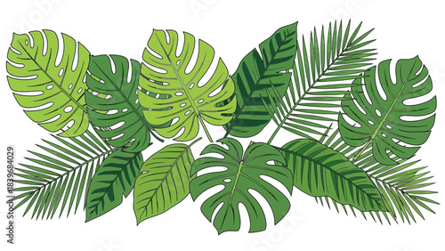 Exotic botanical arrangement of tropical green foliage, vibrant illustration