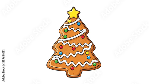 Gingerbread cookie in the shape of a Christmas tree with colorful decorations