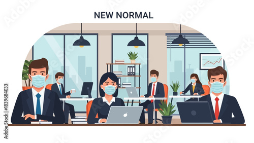 Office workers wearing face masks during pandemic in the modern workspace era