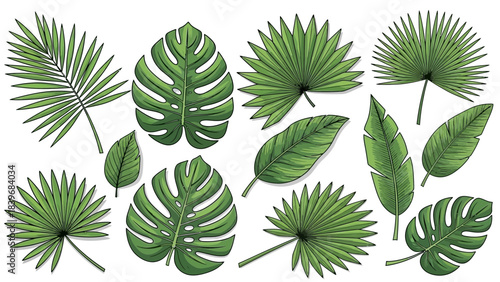 Exotic botanical illustration featuring a variety of vibrant tropical leaves