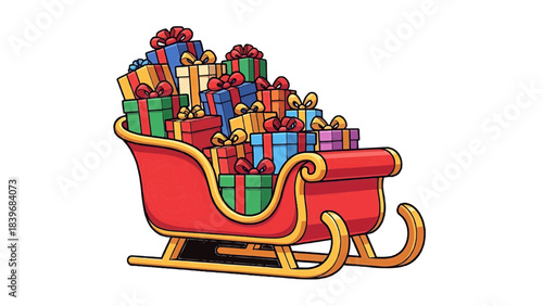 A festive red sleigh overflowing with colorful gift boxes, evoking the spirit of giving and joy. Presents are stacked high, ready for celebrations. 