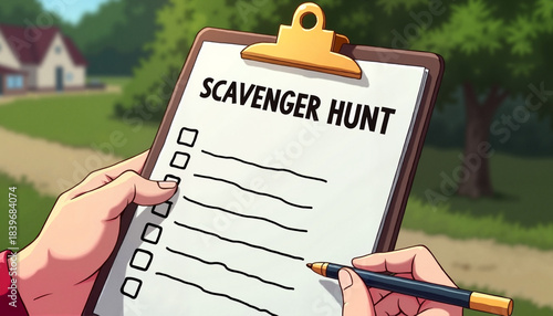 Scavenger hunt checklist held in hands against outdoor background
