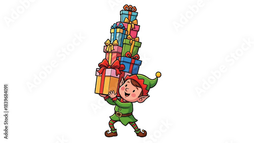 An adorable elf carrying a stack of colorful presents for the holiday season