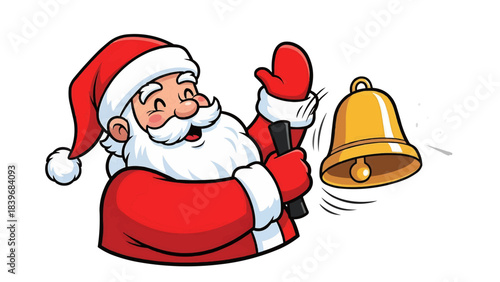 Santa Claus is ringing a bell with joy and excitement, embodying the festive spirit of the holiday season
