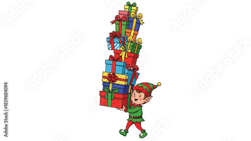An elf carries a stack of Christmas gifts. The elf has green and red clothes and a smiling face, indicating joy and holiday spirit. The presents have different colors with ribbons