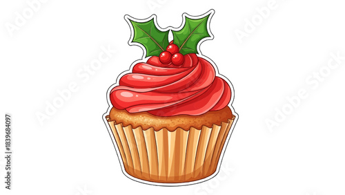 Festive cupcake decorated with red frosting and holly berries