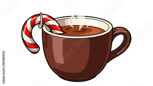 A cup of hot chocolate with a candy cane for winter. The hot chocolate in a brown ceramic mug, with steam rising up. The candy cane is red and white, over the edge of the cup