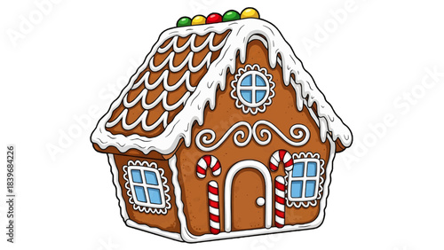 A charming gingerbread house, perfect for the holiday season. The house features icing, candy canes, and colorful decorations